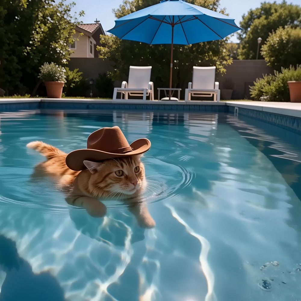 orange cat wearing a cowboy hat swimming in a pool