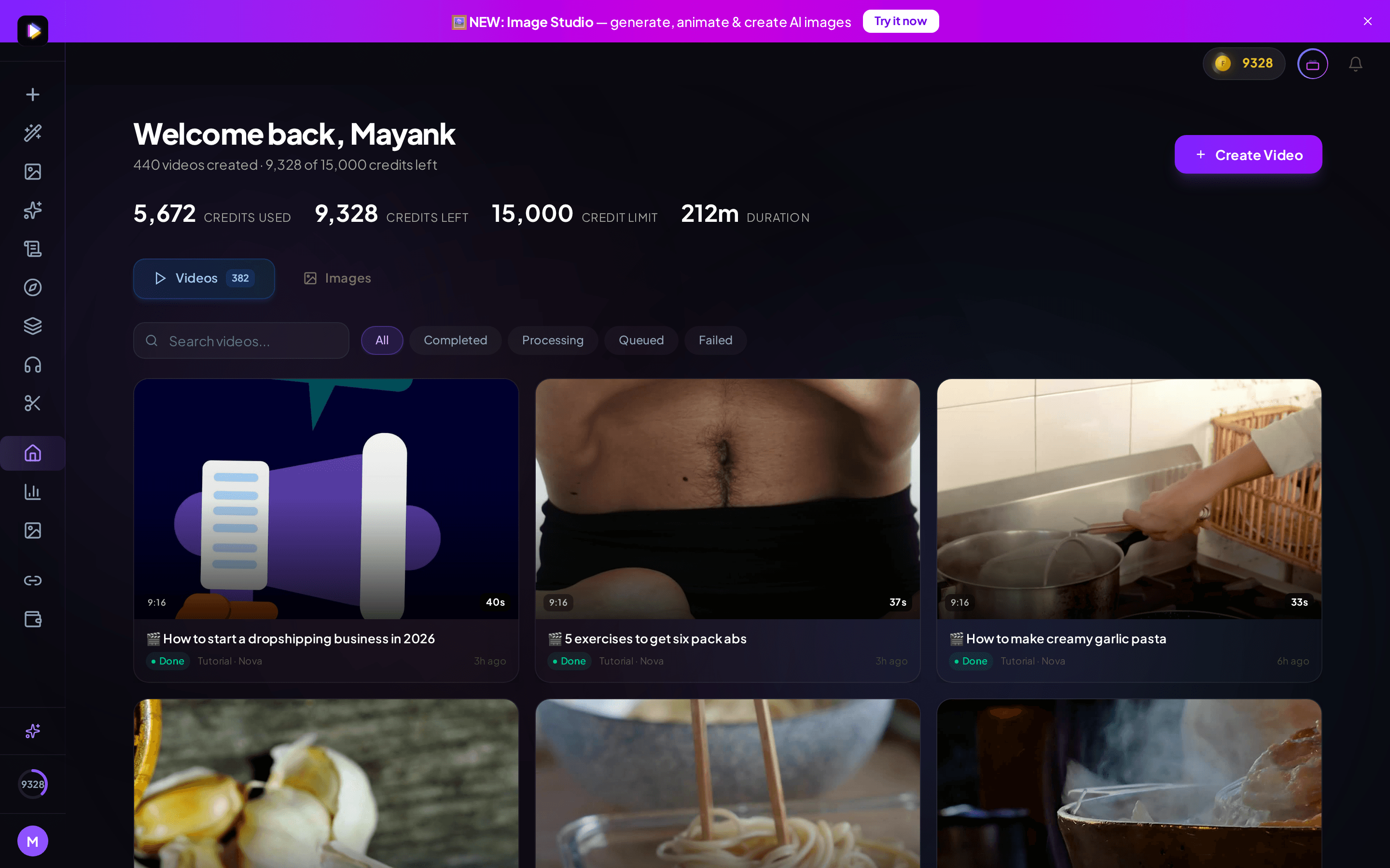 FluxNote product dashboard showing completed AI videos, remaining credits and Image Studio access